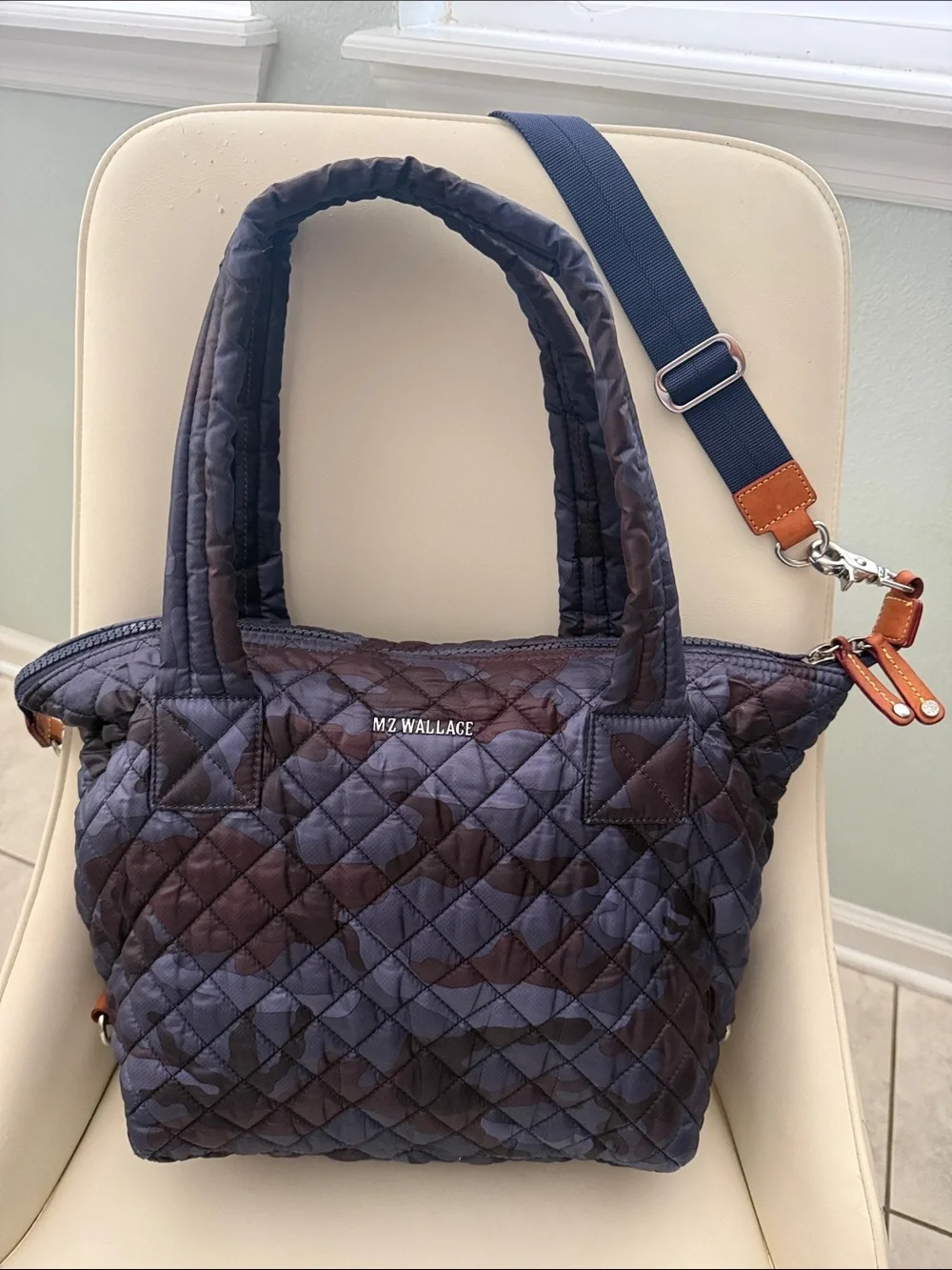 MZ Wallace Sutton Quilted Tote in Dark Navy Camo with Matching Pouch 229